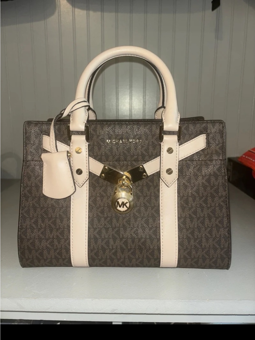 Michael Kors Brown Signature Monogram Satchel with Pale Pink Trim